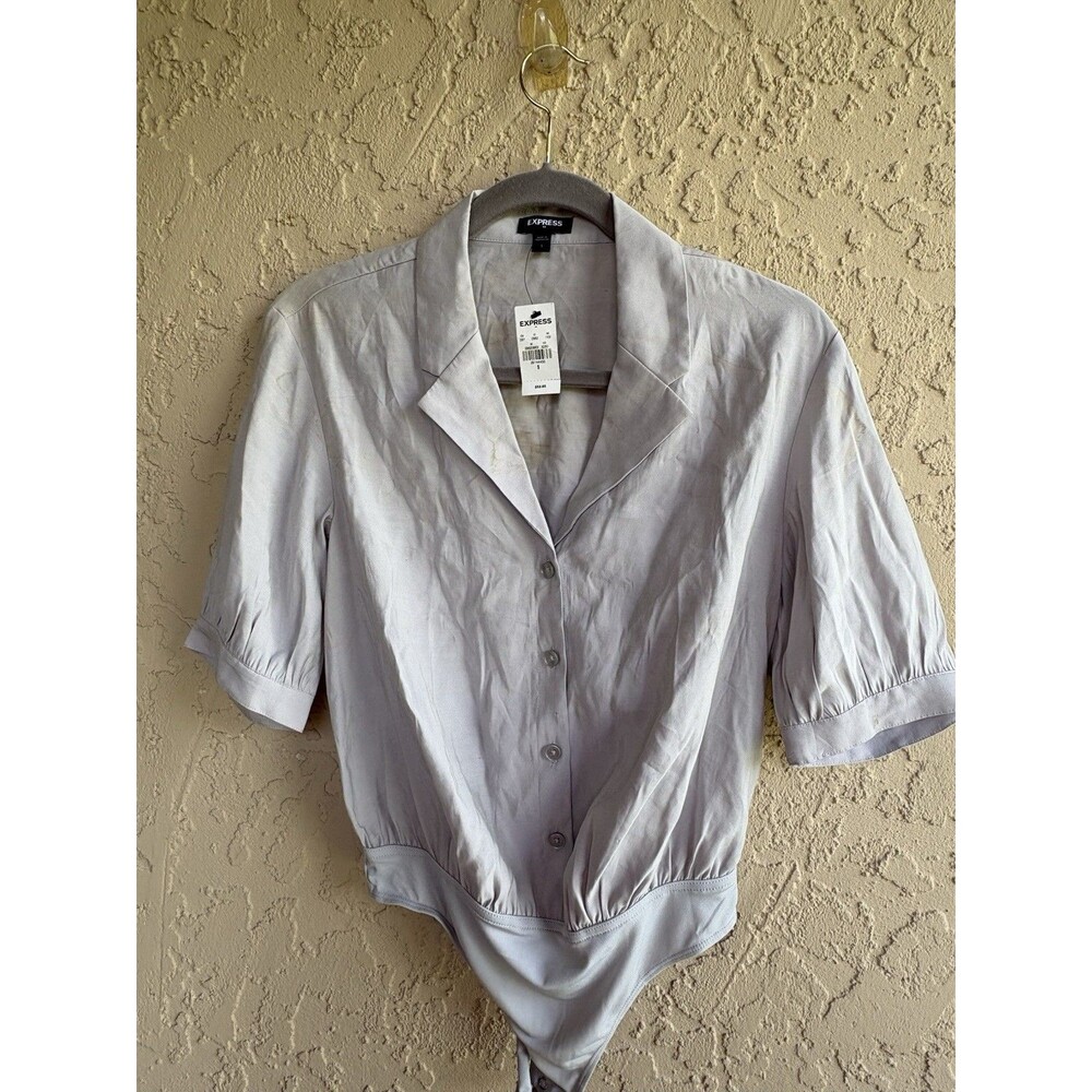 New Express Gray Small Woman’s Bodysuit Blouse Collared Thong Snaps Retail $52